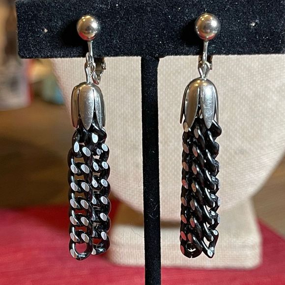 Vintage Sarah Coventry Art Deco Style Chain Tassel Clip On Earrings Silver Tone - Picture 5 of 8